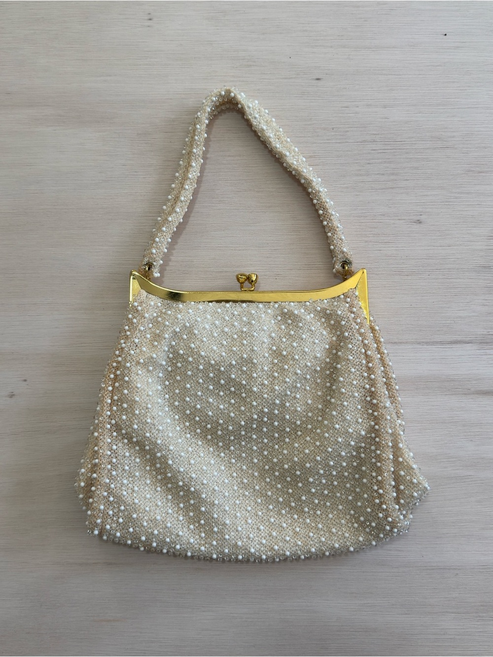 Elegant Cream bead-Embellished Evening Clutch with Gold Frame coin purse &mirror